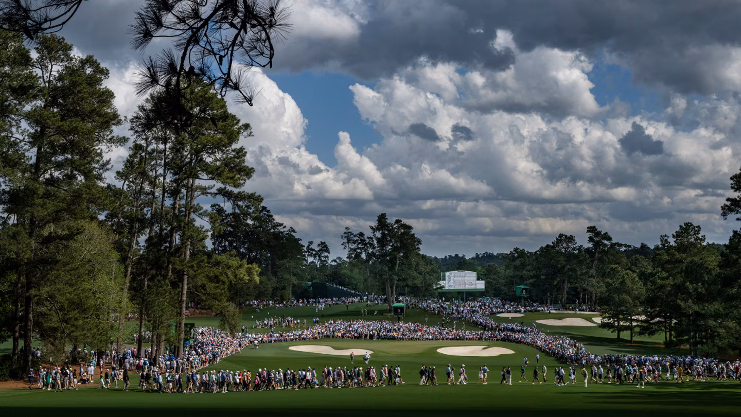 A sweeping vista of the course and galleries under a Georgia sky