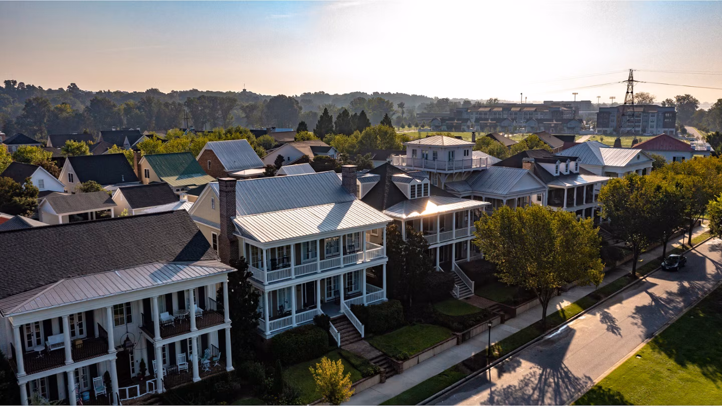 Aerial view of stately private homes in River Island, Augusta