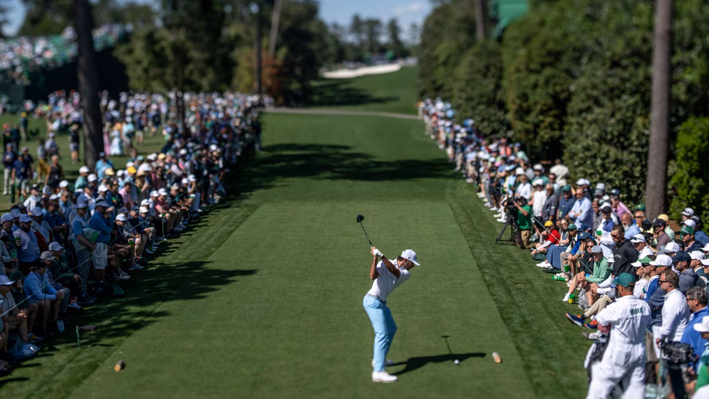 A golfer's tee shot down a fairway lined with pines and patrons